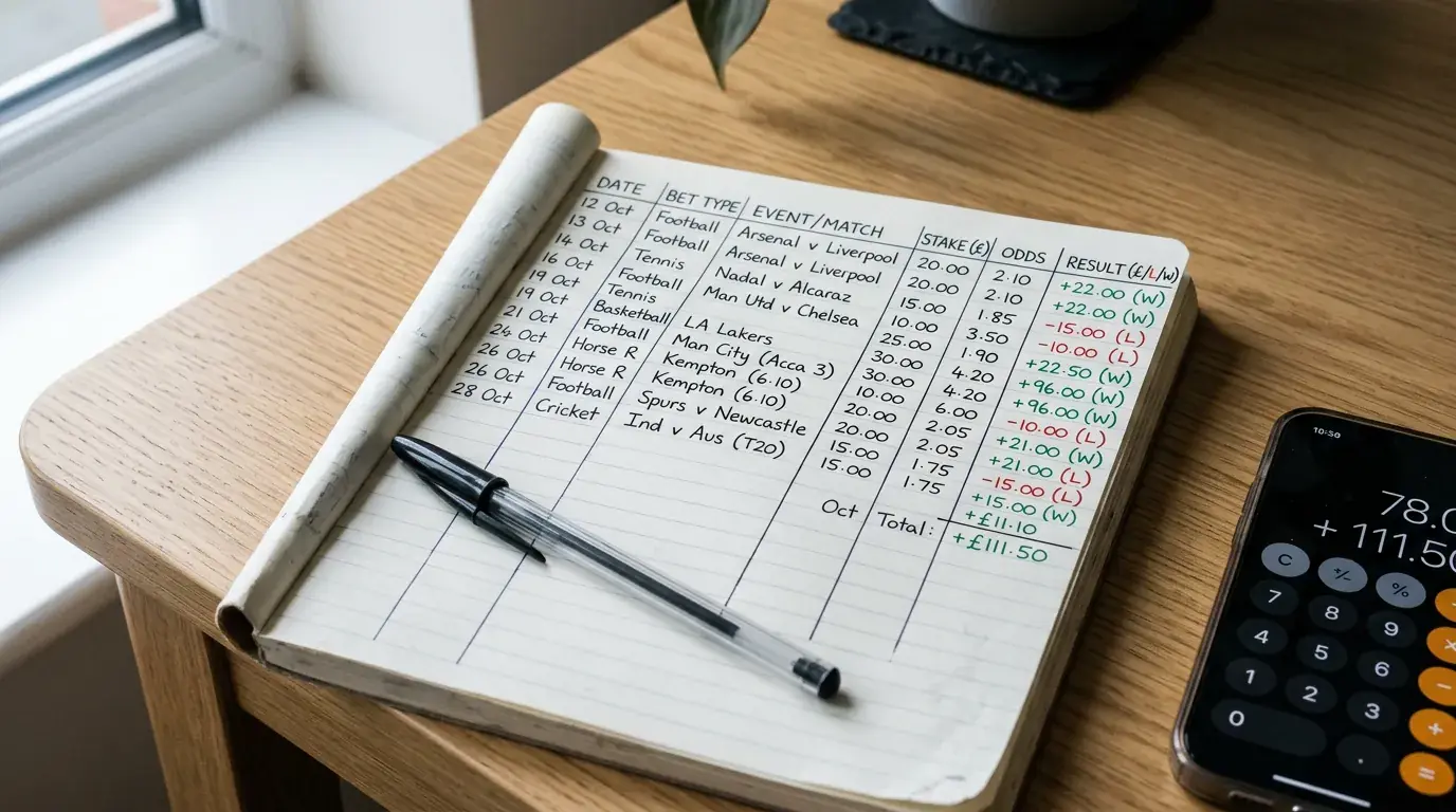 Notebook with betting records and bankroll tracking alongside smartphone